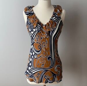 Tory Burch Designer Silk Ruffle Blouse Paisley Burnt Orange Blue Ladies Size 10